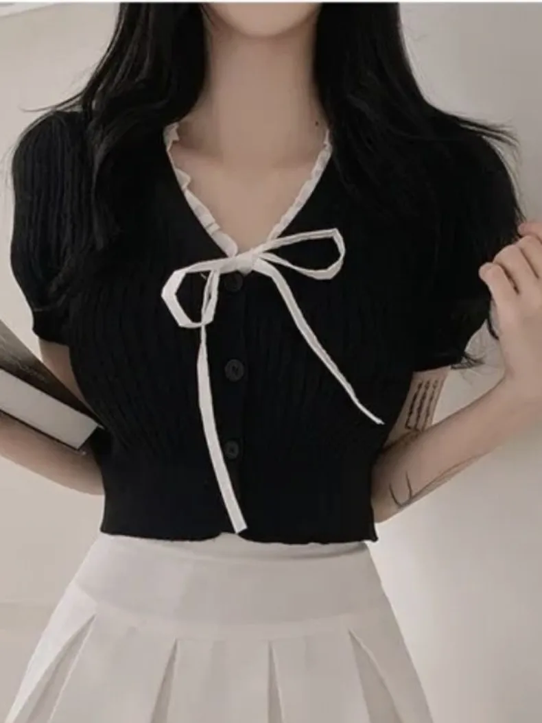 Chic Summer V-Ne ort Sve Knitwear Women's Slim Fit Ear Look Ties Top Commute Sle Regular Thin ort Length