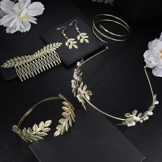 Goddess Accessories Set For Women Greek Headband Roman Gold Leaf Headband Crown Gold Arm Bracelet Cuff Hair