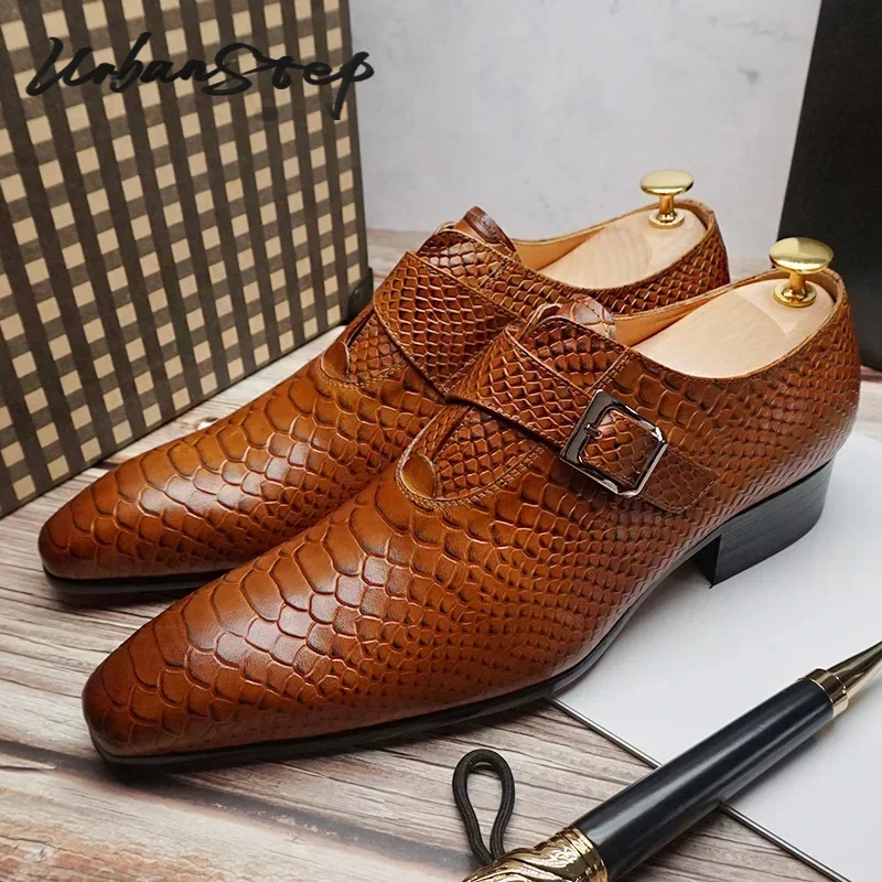 Luxury Men's Loafers Dress Shoes Snake Prints Formal Men Casual Shoes Black Brown Monk Loafers Office Wedding Leather Shoes Men 6