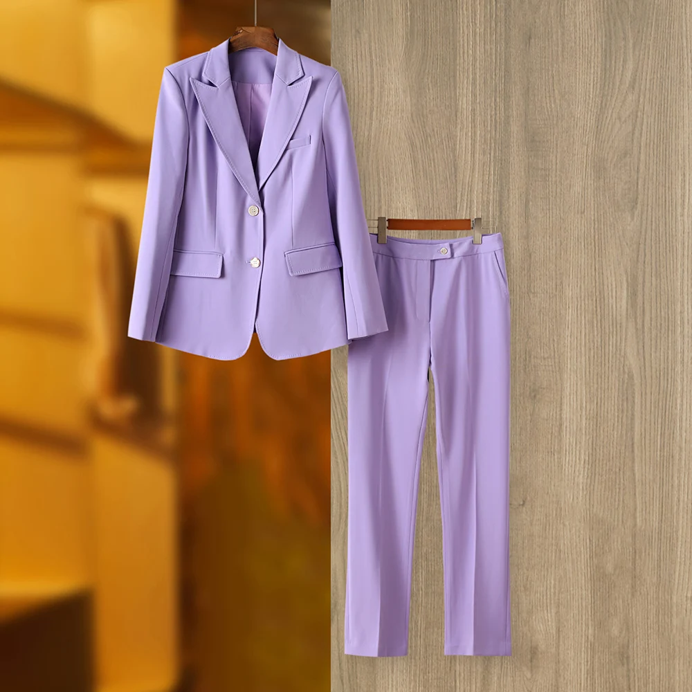 

Single Breasted Lavender Women Blazer Pants Elegant Solid Color Business Set Fashion OL Lady Suit