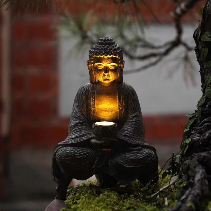 Outdoor Solar Buddha Statue Lamp Decoration, Courtyard Garden, New Chinese Buddha Zen Living Room Office Porch Decoration, Res
