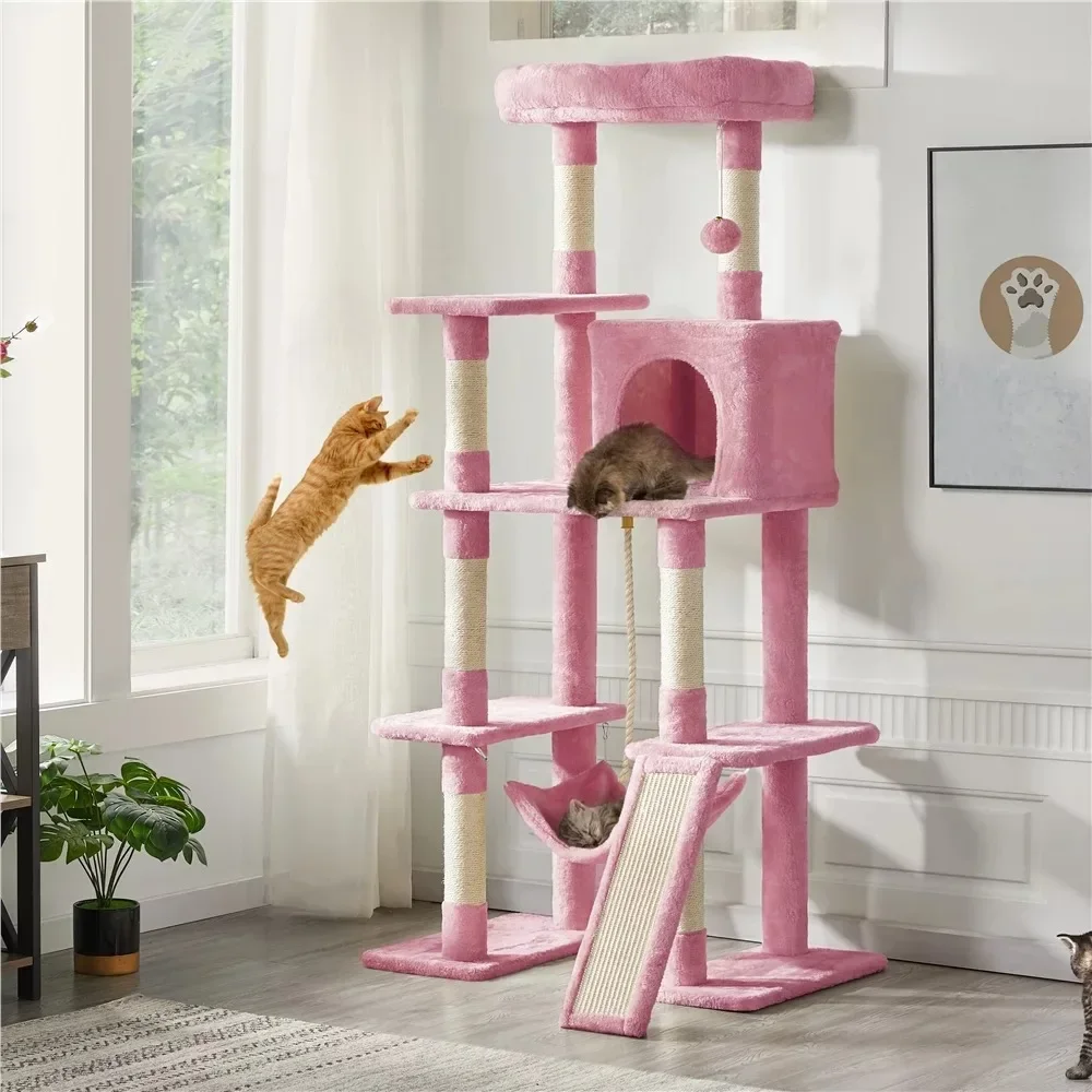 

63" H Cat Tree Tower With Hammock and Scratching Posts Tree for Cats Pink Post Supplies Pet Products Home Garden