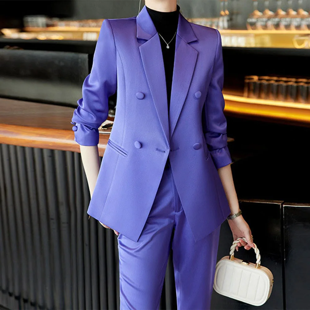 Tesco Women's Fashion Suits Purple Pink Fuchsia Solid Blazer Pencil Pants Slim Pantsuits Formal Jacket 2 Piece For Office Lady