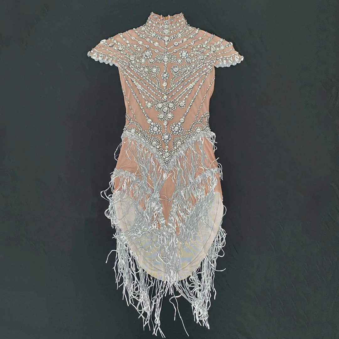 

Plus Size Summer Sexy Glitter Crystal Bodycon Dresses Club Dress Translucent Fringe Unique Design Dance Costumes Outfit