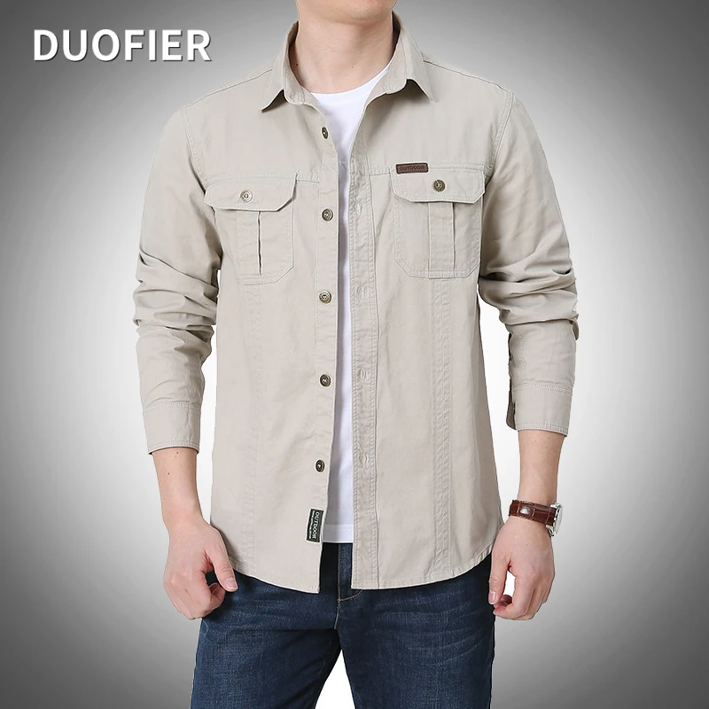 

2023 New Autumn 100% Cotton Solid Shirt Casual Loose Men Shirt Military Long Sleeve High Quality Male Social Shirt Dress Jacket