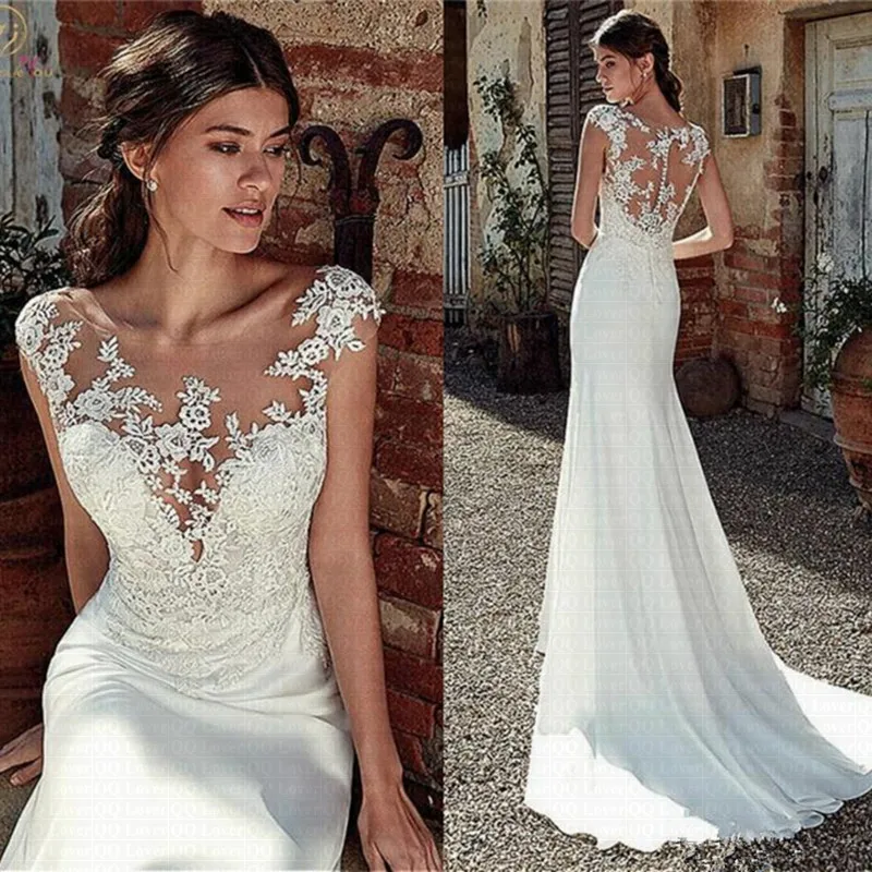 

Vestido De Noiva Modest Soft Satin Bateau Neckline Mermaid Wedding Dress 2023 Lace Appliques Sheer Bridal Dress Illusion Back