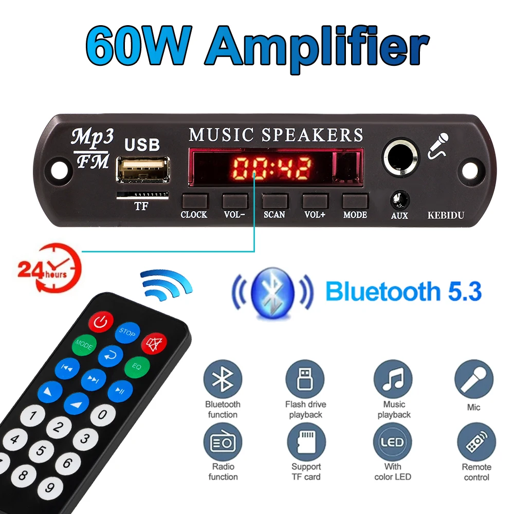Dc 12V Bluetooth 5.3 Mp3 Wma Ape Decoder Board 60W Amplificatore Clock Time Display 6.5Mm Mic Jack Usb Tf Fm Radio Car Mp3 Player