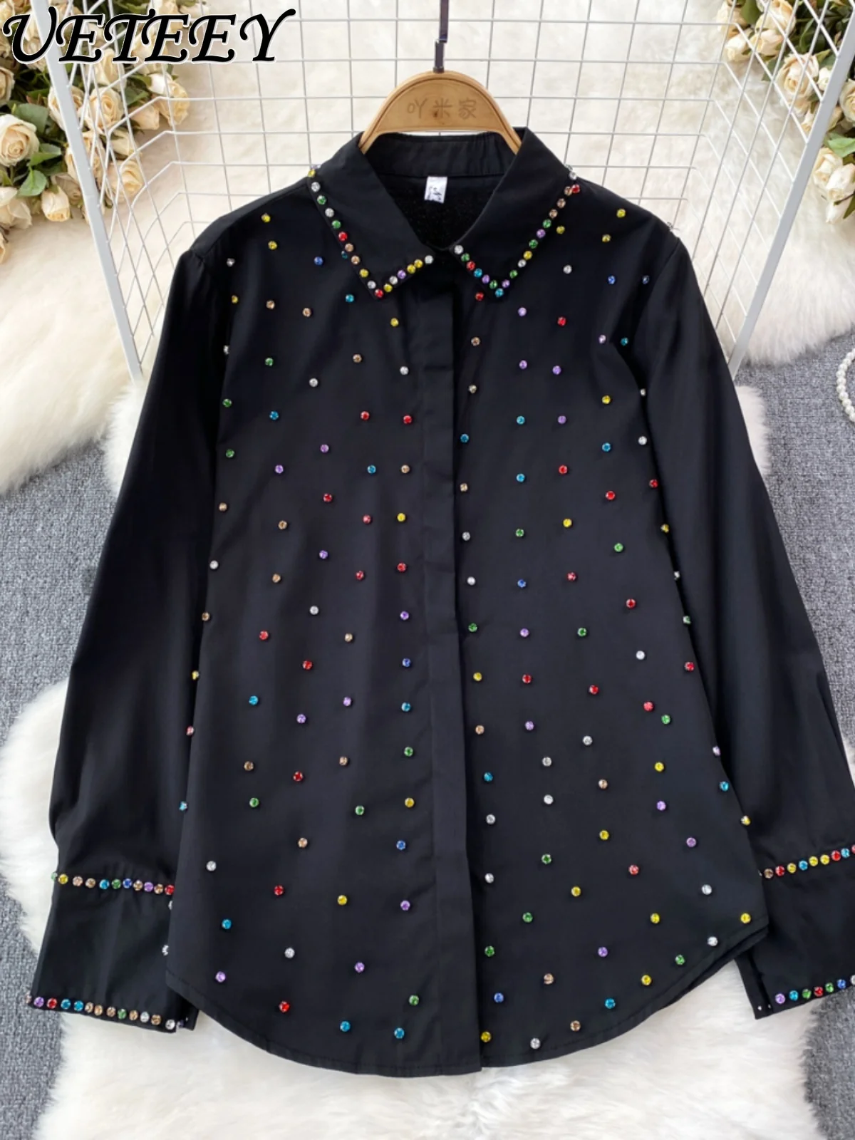 

Hot Color Rhinestone Blouse Women 2024 Summer New Korean Style Design Long Sleeve Single-Breasted Shirt Loose Western Style Top