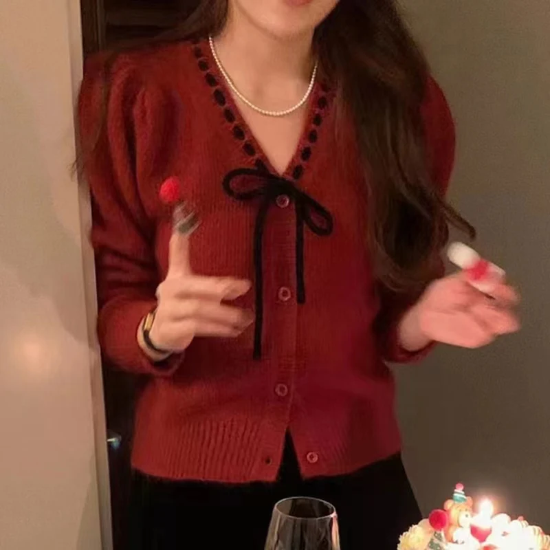 Spring and Autumn Sweet Small Fragrant Style Bow Tie V-Neck Loose Versatile Long Sleeve Knitted Cardigan Sweater