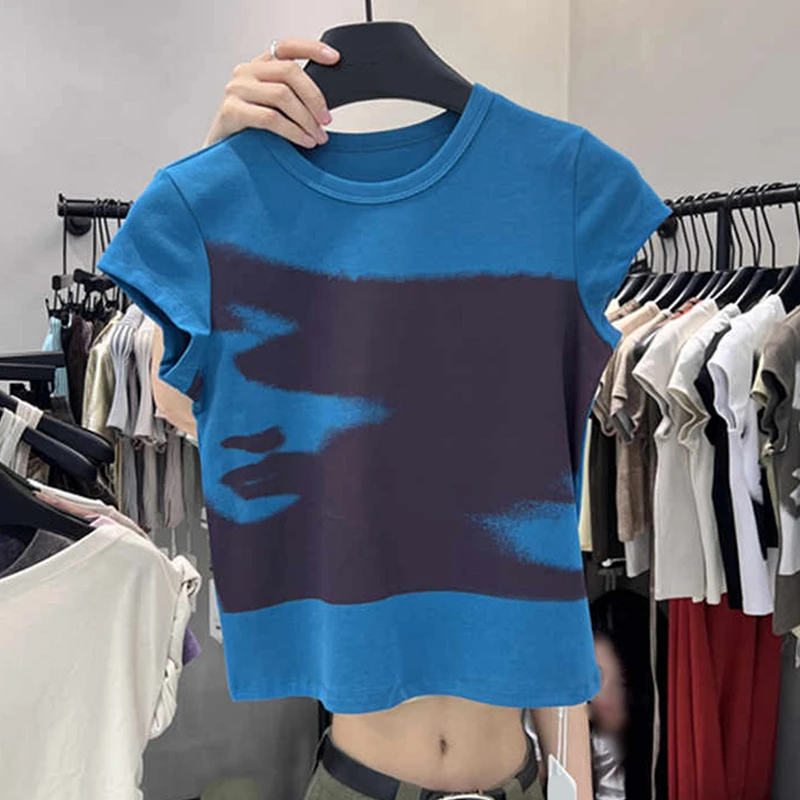 

Y2k Clothes 2024 Summer New Korean Chic Slim Crop Top O Neck Short Sleeve Design Sense Tees Tie Dye Vintage Sweet Women T-shirts