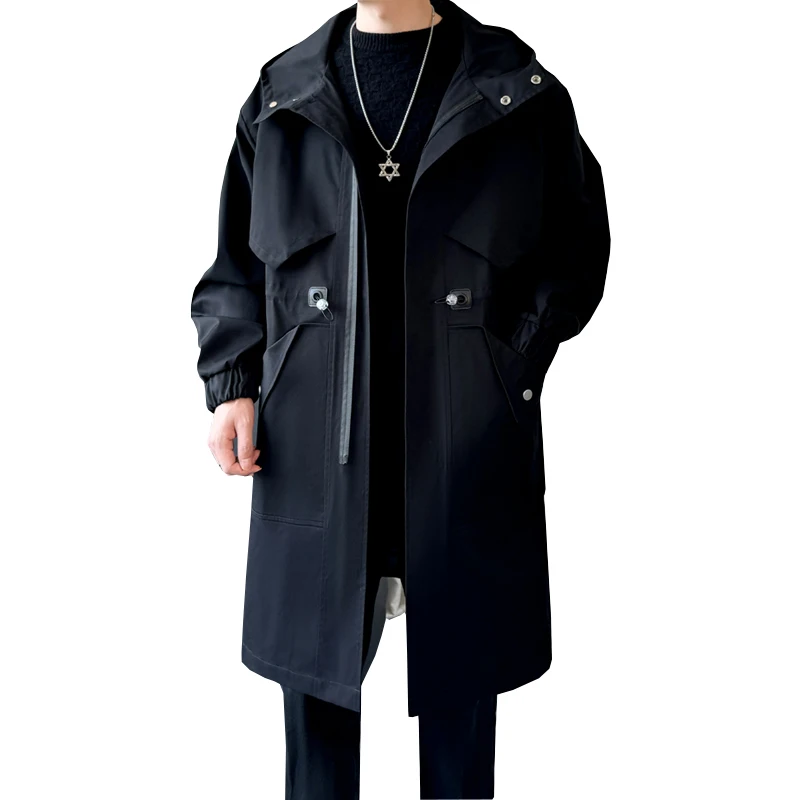Mens Trench Coats Zippered Streetwear Men's Hooded Jackets Mid Length Big Pockets Oversize Windproof Outwear