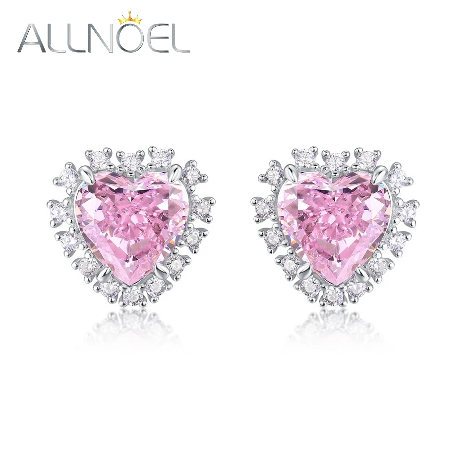 

ALLNOEL 925 Sterling Silver Stud Earrings for Women Heart 9*9mm High Carbon Diamond Pink Zircon Romance Anniversary Gift Jewelry