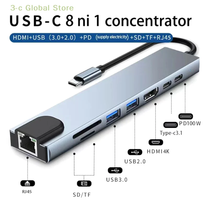 

Usb 8 In 1 Type C 3 1 To 4k Hdmi Hub Adapter With Sd Tf Rj45 Card Reader Pd Fast Charge For Macbook Notebook Computer