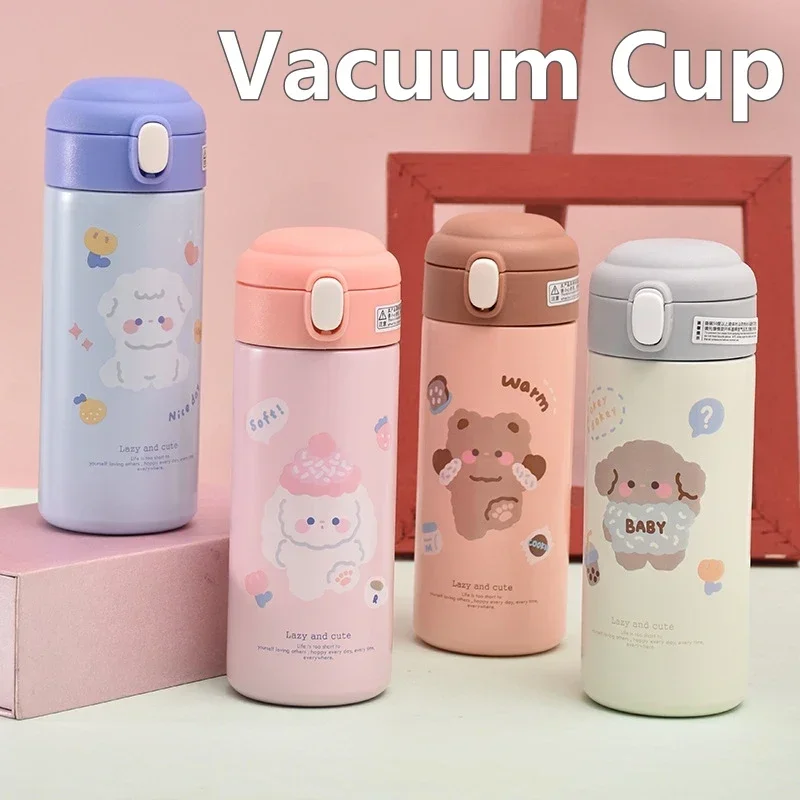 1pc 380ML Cute Cartoon 304 Stainless Steel Thermal Thermos Vacuum Flask With Straw for Girls Insulated Tumbler Drinkware
