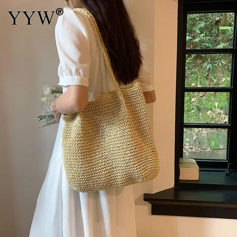 Casual Straw Wheat Woven Pattern Women Handbag Zipper Large Capacity Paper Rope Summer Beach Tote Bag Single Shoulder Lady Purse