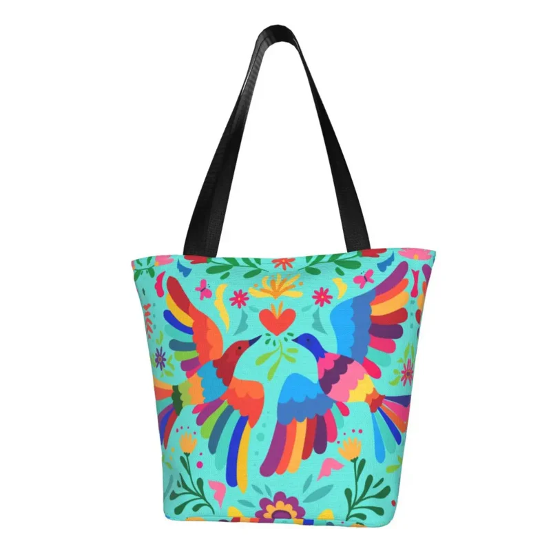 

Mexican Embroidery Floral Carnaval Seamless Shopping Tote Bag Recycling Traditional Mexico Groceries Canvas Shopper Shoulder Bag