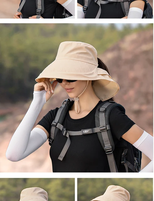 Cappello da sole a tesa larga da donna Cappello a secchiello Cappello estivo da pesca all'aperto Escursionismo Protezione UV anti-collo Scialle Visiera Cappello da donna Cofano_voghion.com