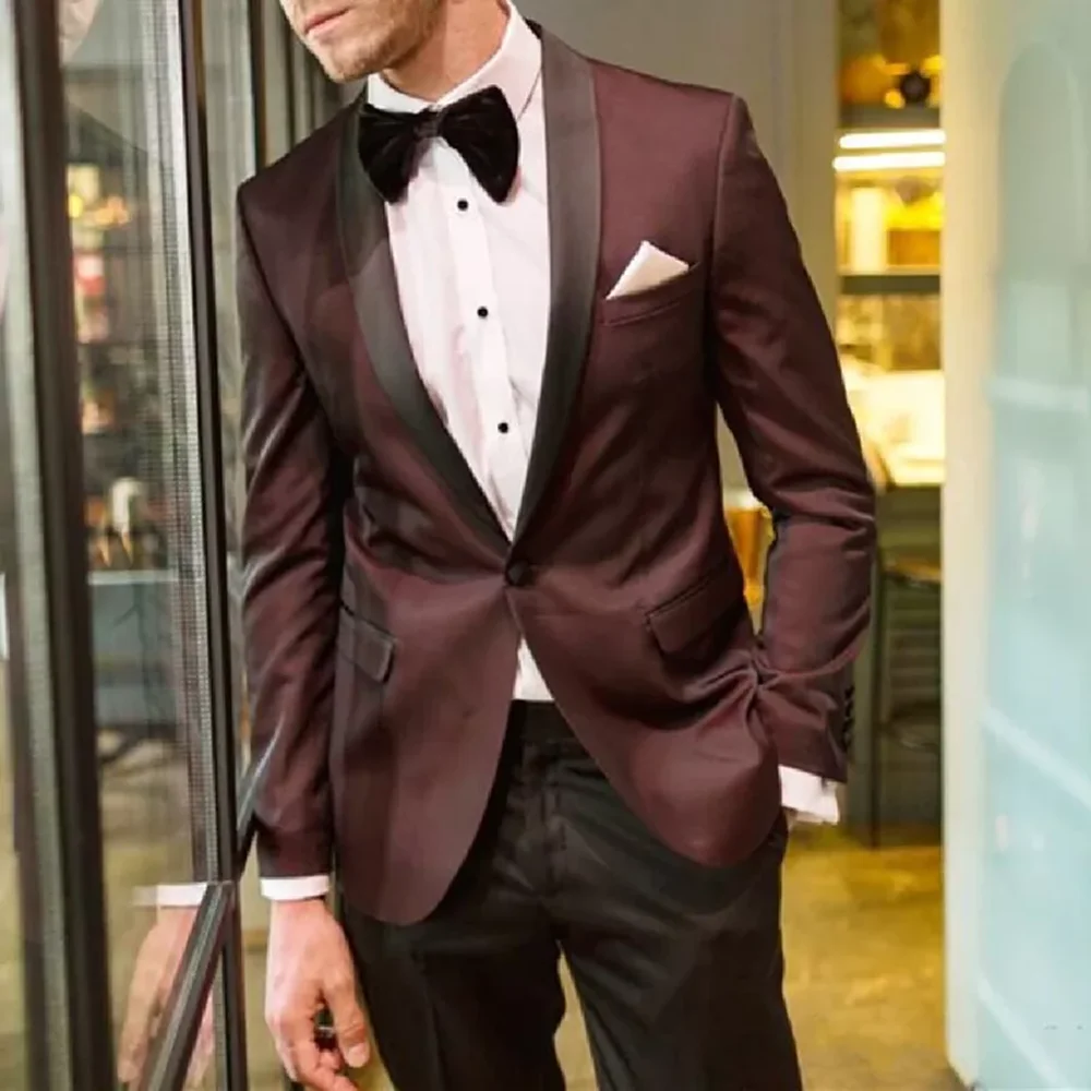 

Fashion Men's Suits Wine Color Check Design Suits 2 Pieces One Button Groom Wedding Formal Tuxedos Custom Made Business Men Wear