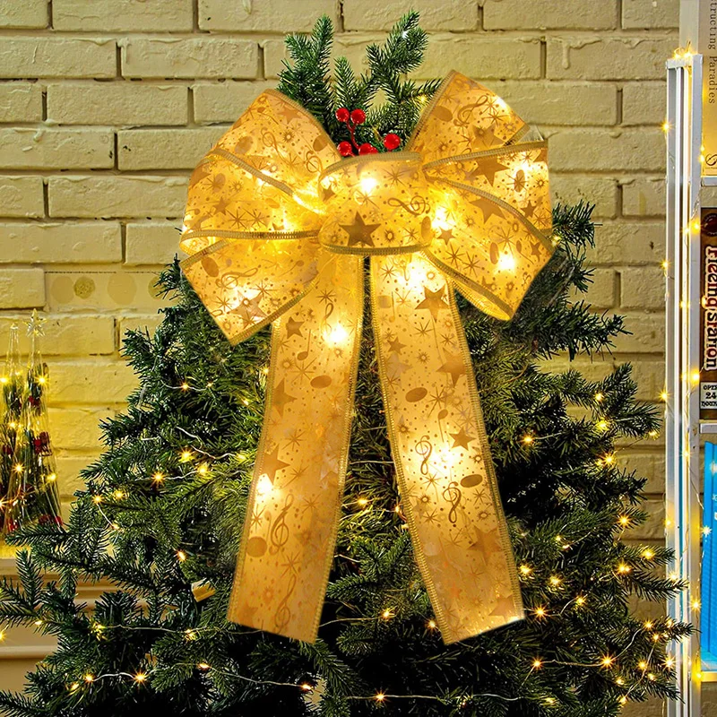 Xmas Tree LED Light Bow Ribbon Christmas Decorations For Home Tree Topper Hanging Ornament 2025 New Year Party DIY Gifts Craft