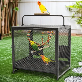 Heavy Duty Wrought Iron Bird Cage Travel Carrier Cage with Handle Wooden Perch for Parrots Canaries Budgies Lovebirds Cockatiels 2