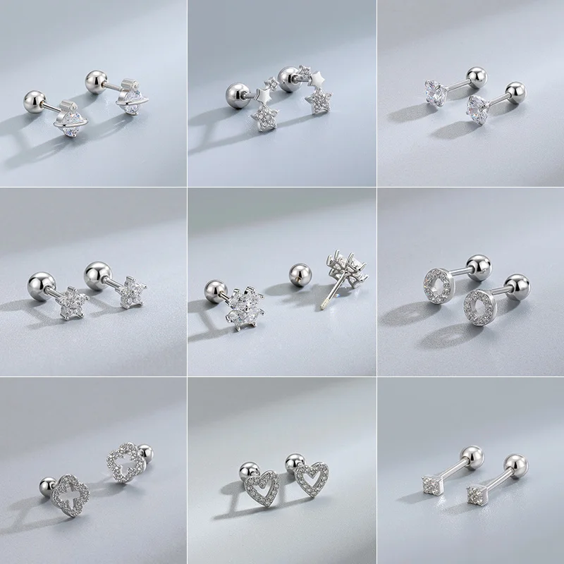 Silver Color Screw Back Helix Piercing Stud Earrings For Women Cubic Zirconia 925 Silver Needles Cartilage Earring Jewelry 2pcs 2