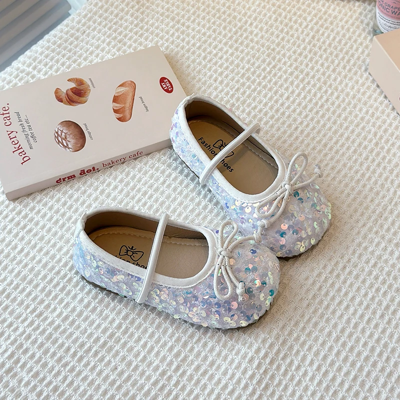 Girls Shoes Kids Glitter Leather Shoes for Wedding Stage Party Sequins Bling Shiny with Bow-knot Princess Soft Children's Flats