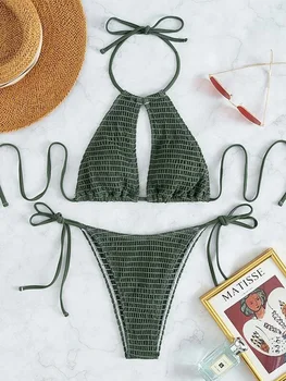 2025 Halter Tie Side Hollow Out Smocked Bikini Women Swimsuit Female Swimwear Two Pieces Bikini Set Swim Bathing Suit Beach Wear 1