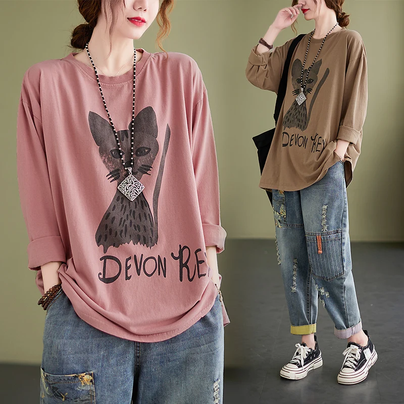 

Женская футболка с длинным рукавом, круглым вырезом и принтом кота