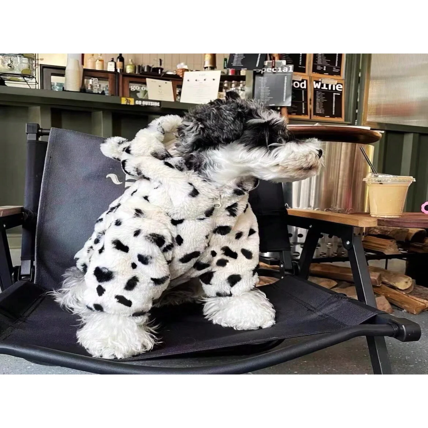 1pc White/Black Spotted Polyester Hooded Zipper Dog Jacket, Warm And Cozy
