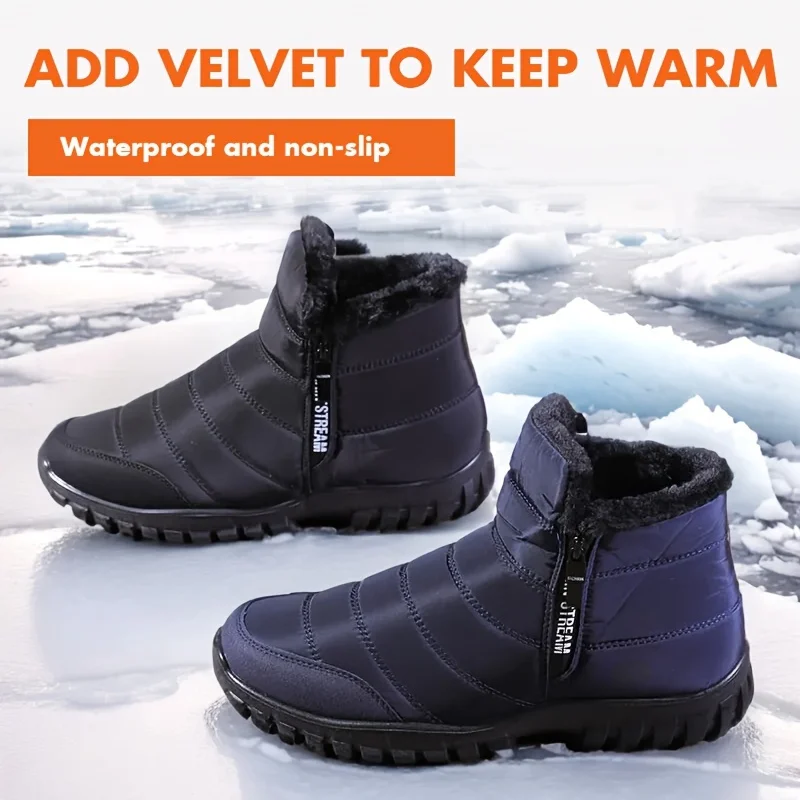 Übergrößen Herren Winter Thermo-Baumwollschuhe Doppelreißverschluss Leichte PU-Sohle Warmes Fellfutter Rutschfeste Wasserdichte Knöchel-Schneestiefel