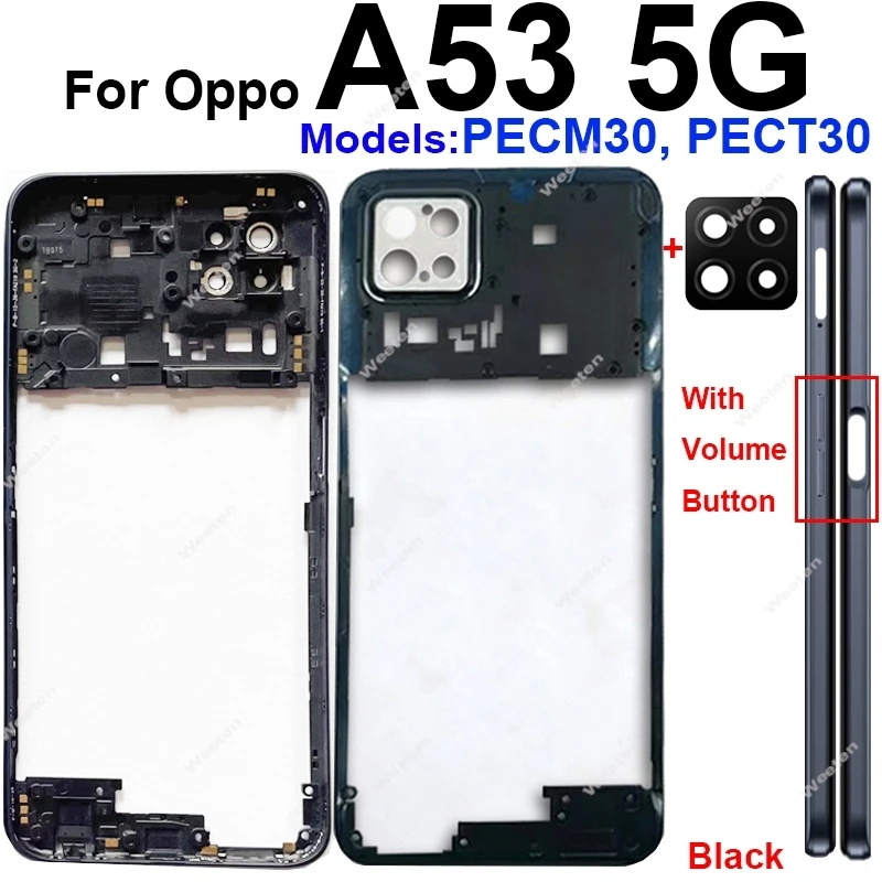 OPPO A53S A53 4G A53 5G CPH2127 CPH2131 용 중간 프레임 하우징 커버 NFC 흑연 종이가있는 뒷면 커버 배터리 하우징 베젤