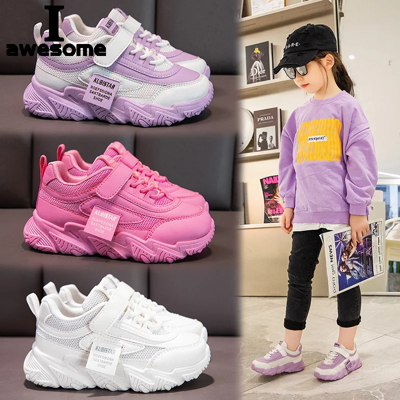 Fashion Spring New Kids Sneakers 2022 PU Girls Casual Mesh Solid Pink Light Boys White Hook Loop Children Non-slip Sports Shoe exdino children led dinosaur mesh autumn light up training shoes little boy spinosaurus kids flashing sports sneakers breathable