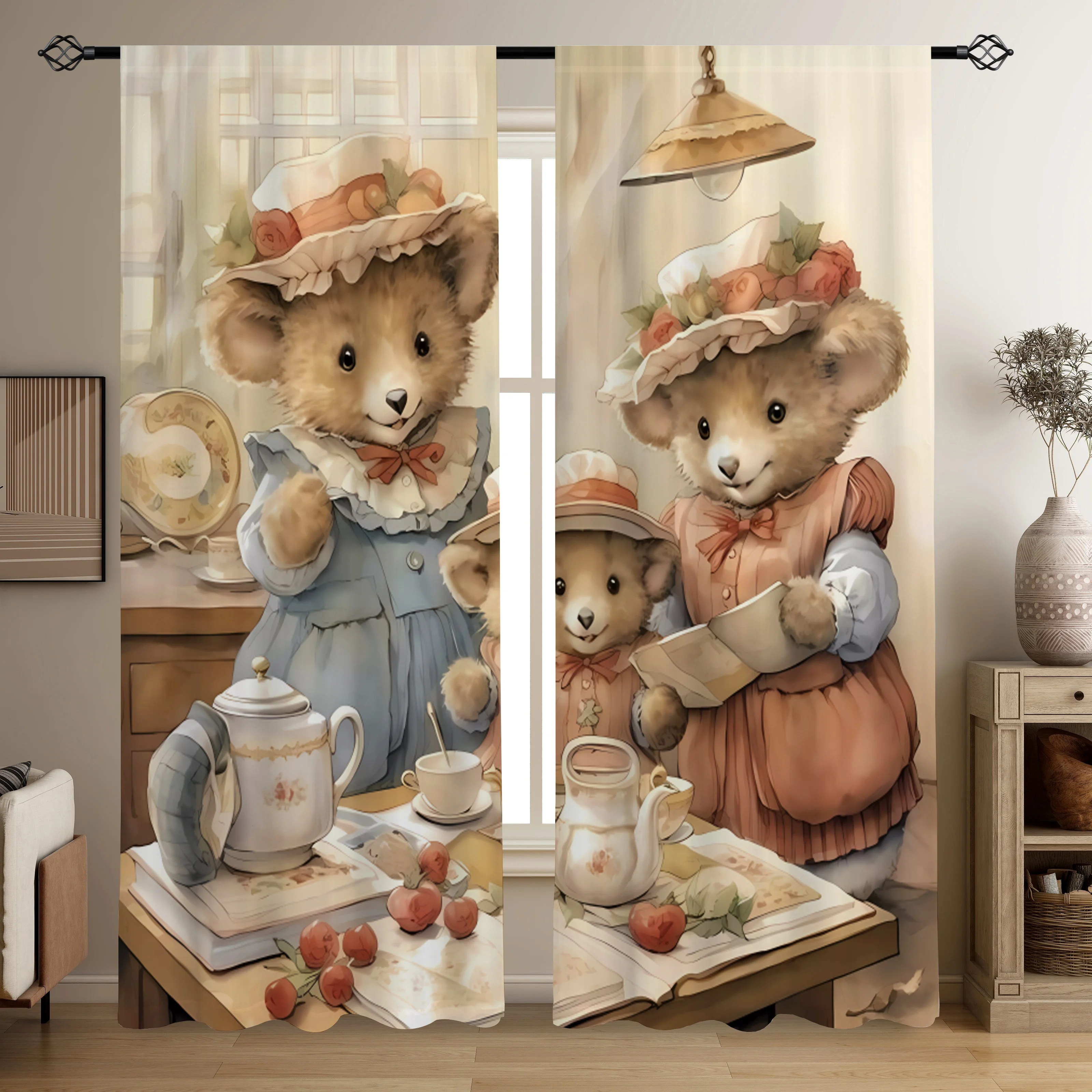 

2pcs Bear Family Printed Translucent Curtains Living Room Playroom Bedroom Multi-scene Polyester Rod Pocket Decorative Curtains