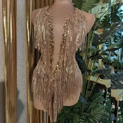 Sexy Stage Wear Dancer Party Birthday Nightclub Performance Bodysuit Women Sparkly Rhinestones Fringes Leotard Tassel Bodysuit
