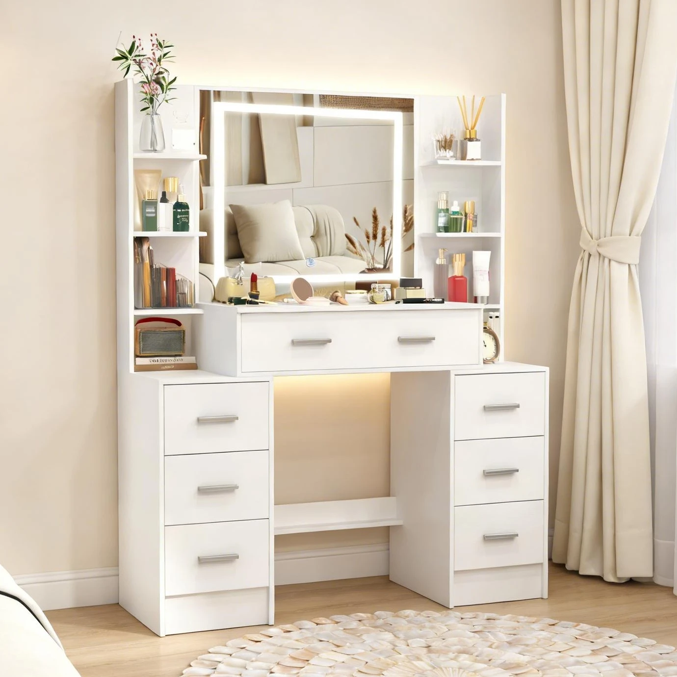 Teousev White Modern Wood Vanity Set with Touch Control Dimmable LED Lighted Mirror 7 Drawers Easy Assembly Bedroom Makeup Desk