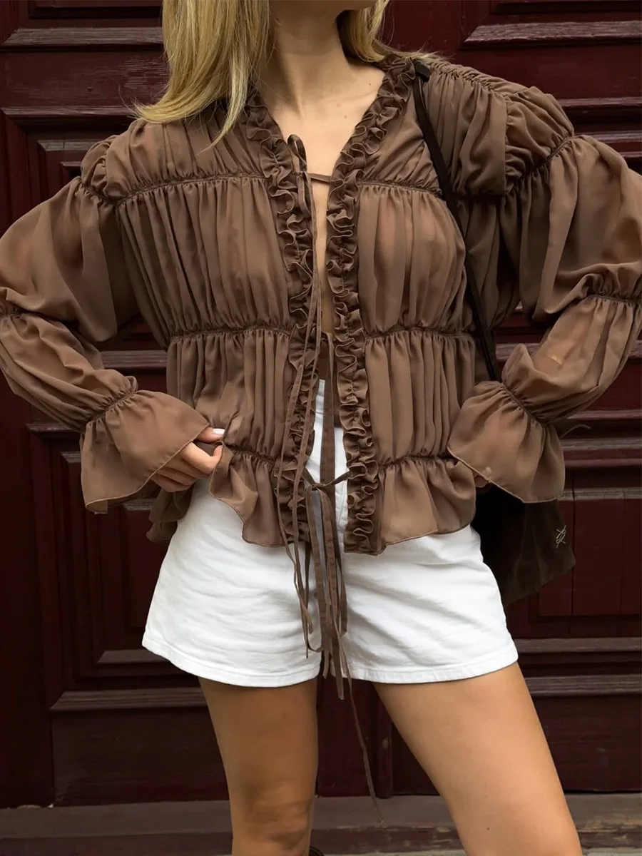 Bornladies 2026 Spring Summer New Women's Ruched Sheer Blouse Solid Color Ruched Ruffle Lace-Up Drape Tie-Front Blouse