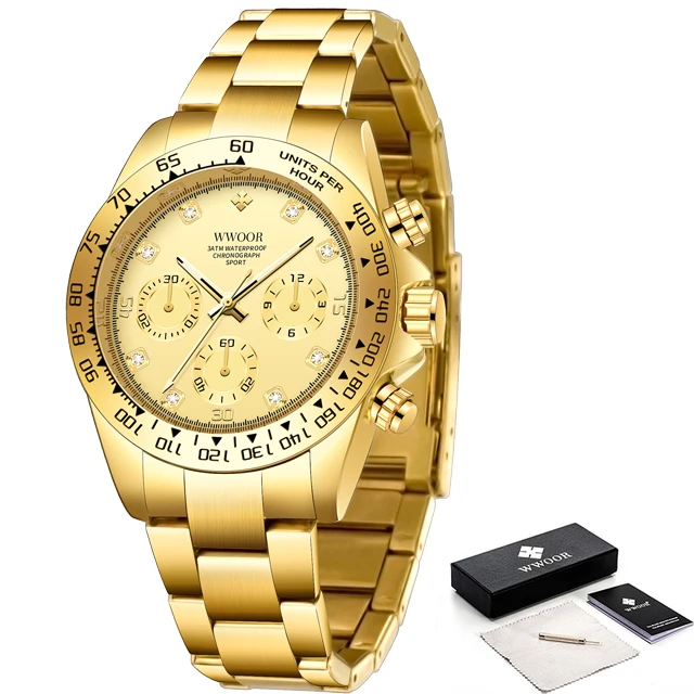 WWOOR New Mens Watches Top Brand Luxury Quartz Wrist Watch Sports Waterproof Chronograph Full Steel Watch Male Relogio Masculino 