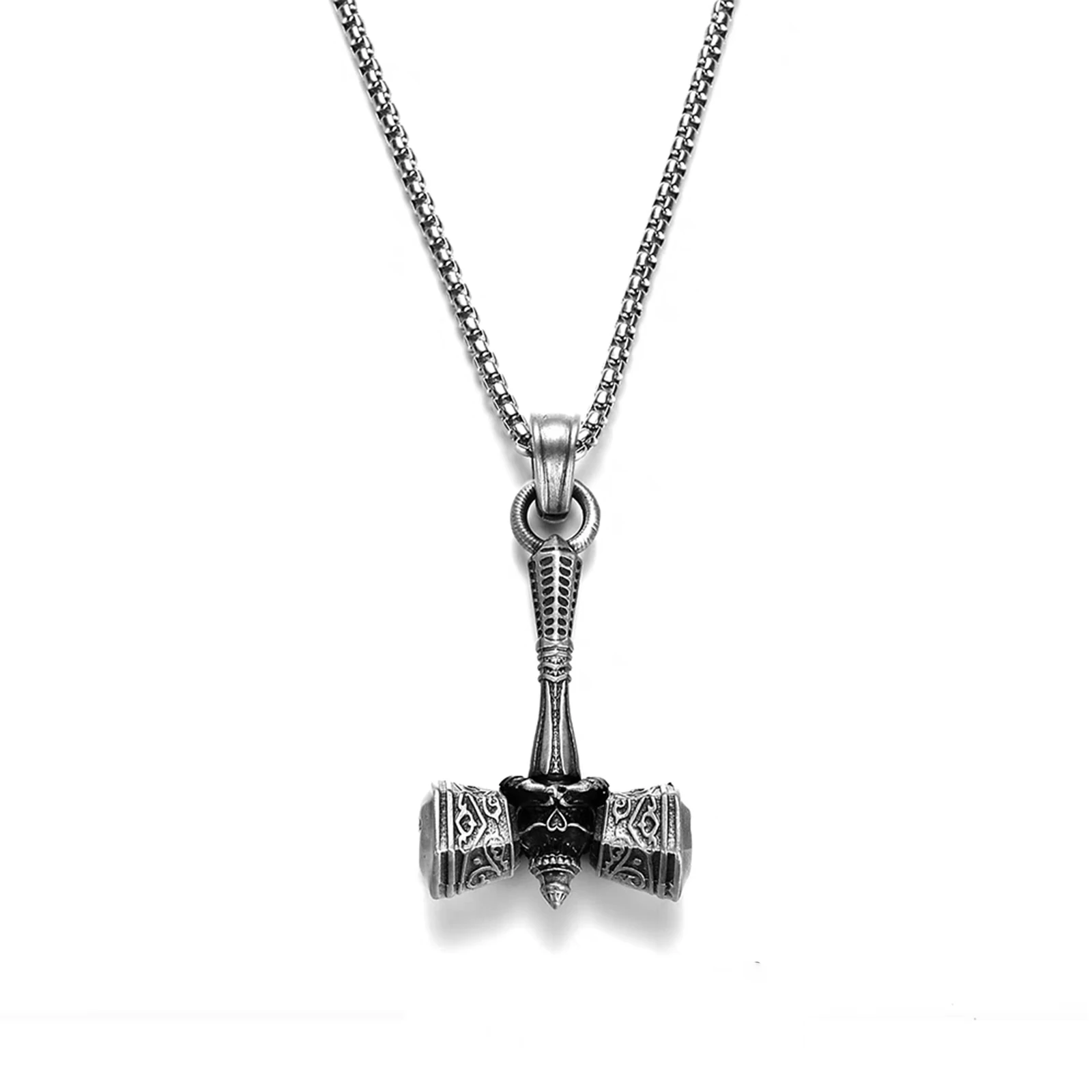 Men's Viking Necklace, Thor's Hammer Stainless Steel Jewelry, Nordic Rune Pendant Sweater Chain