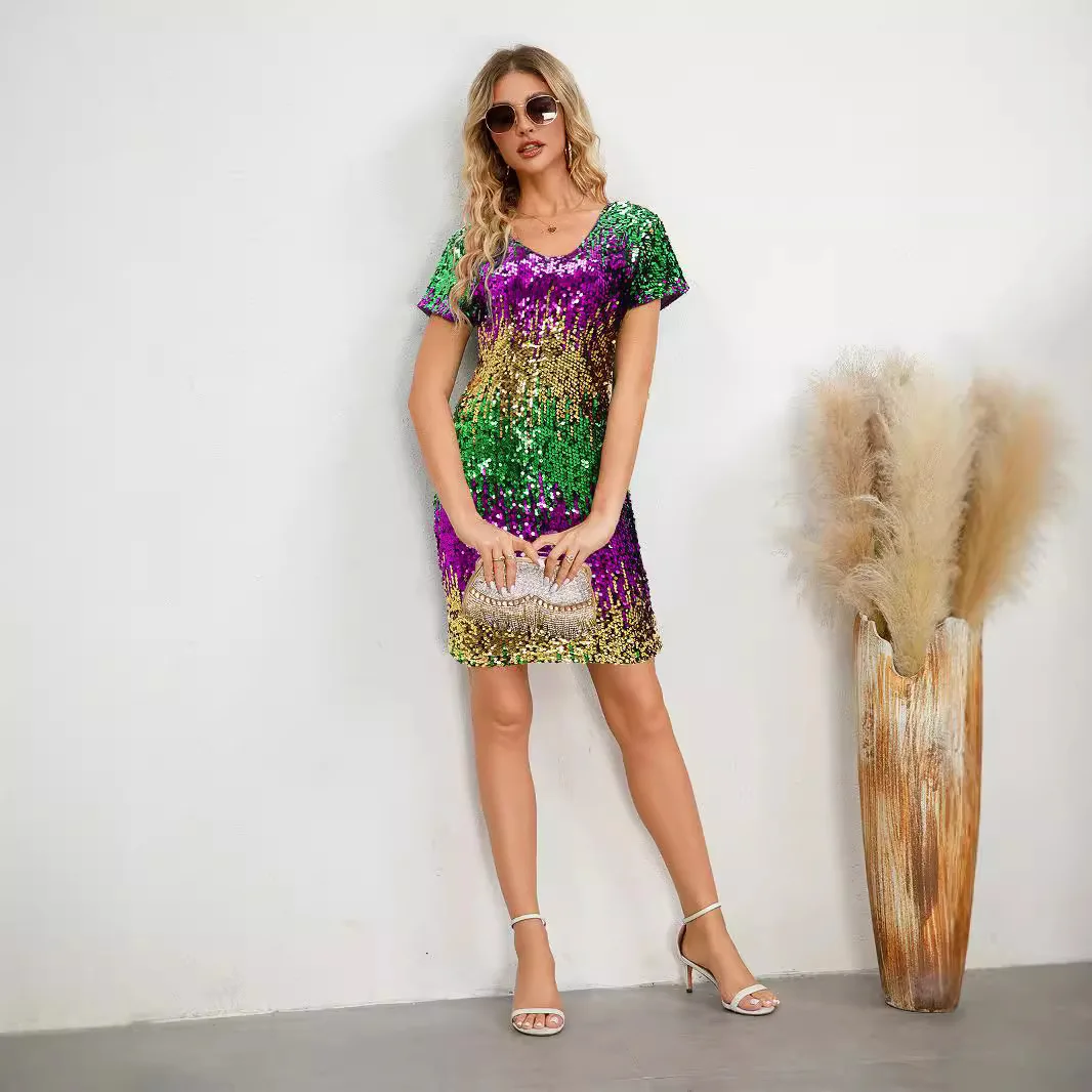 Sequin Dress Women Knee Length V Neck Vestidos Short Sleeve Pullover Dresses  Party Night Club Loose Sexy Slight Strech 2025 - AliExpress 200000345