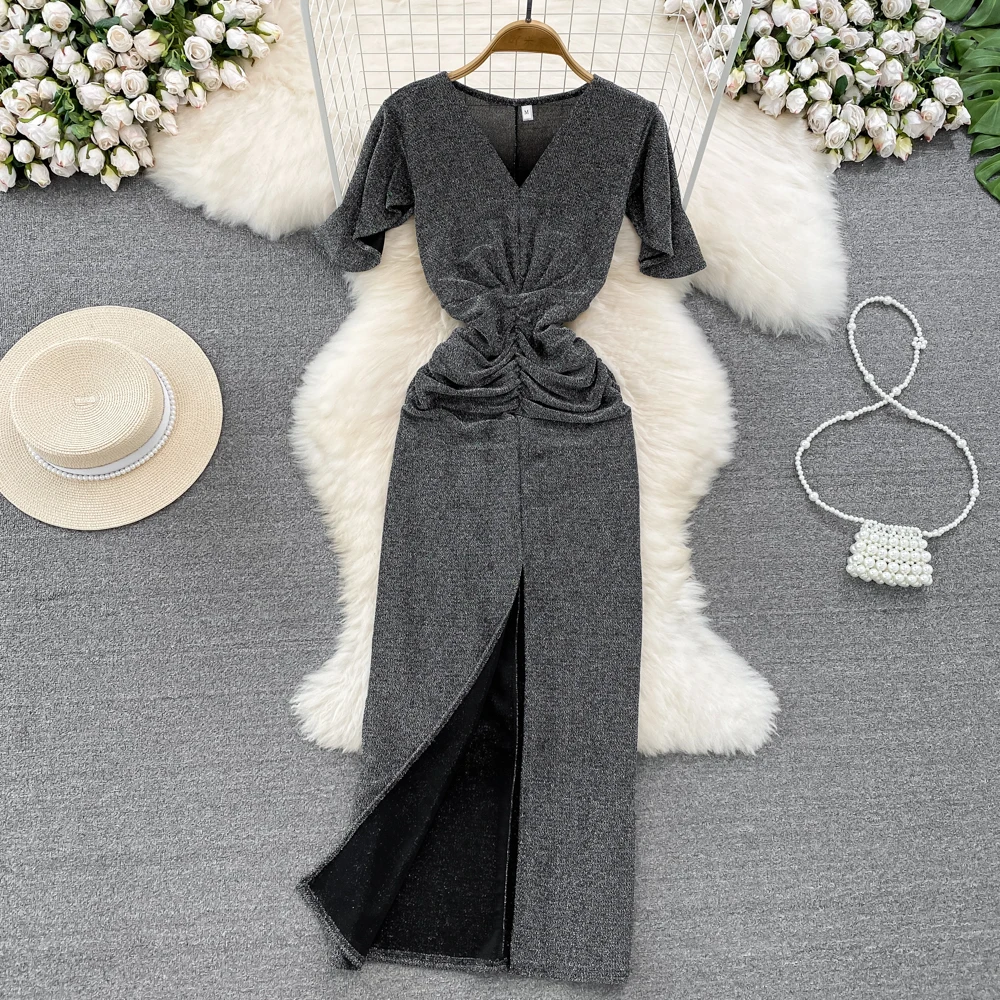 

Fashion Socialite Temperament Waist Slimming Fold Bag Split Bag Hip Bright Silk Dress