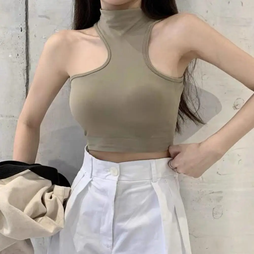 

Integrated Cup Women Tank Top Flattering Off Shoulder Crop Top with Integrated Cups Stylish High Collar Women's Vest for Chest