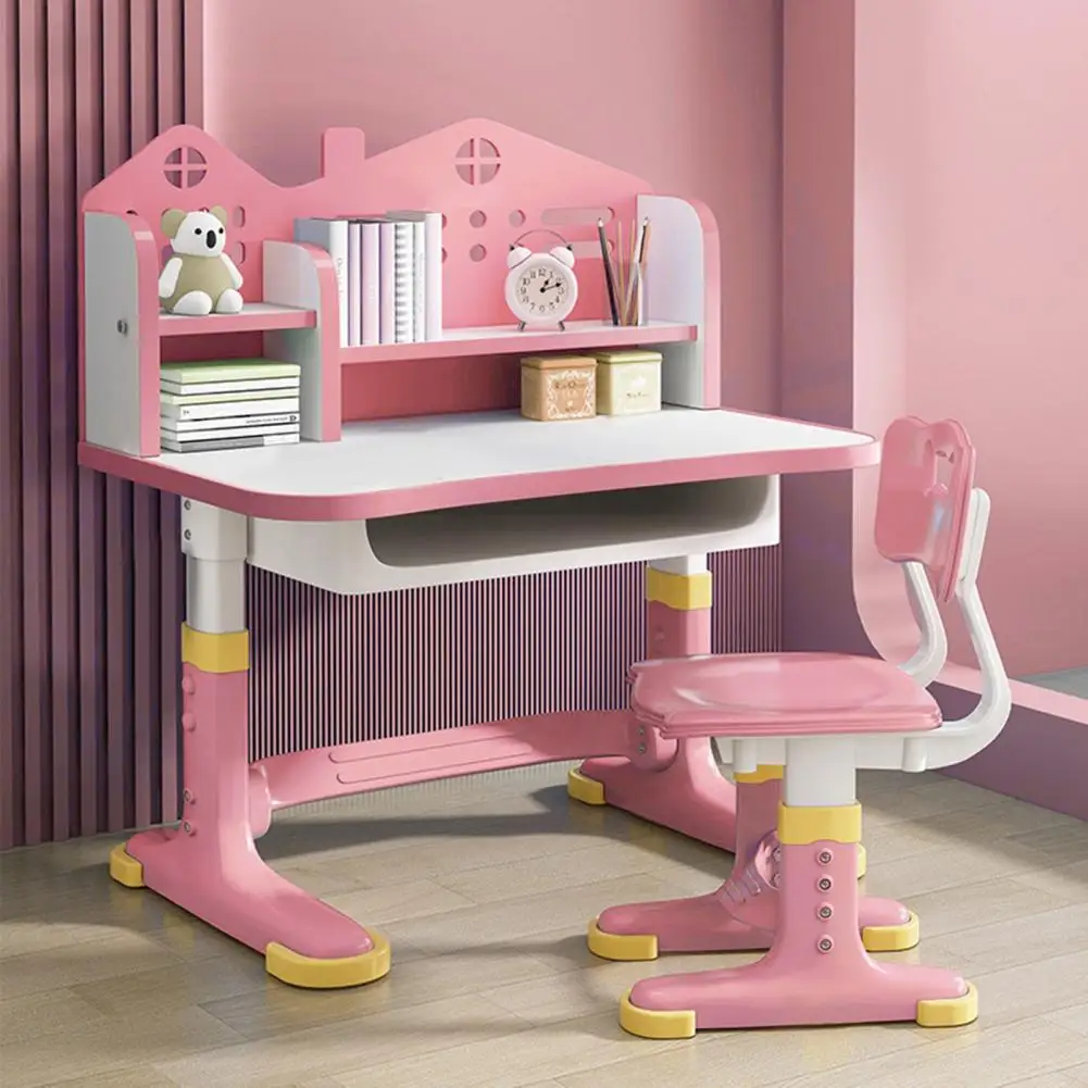 Kids Functional Desk Chair Set Height Adjustable Children School Study Desk With Castle Backboard Students Desk Chair Sets 3