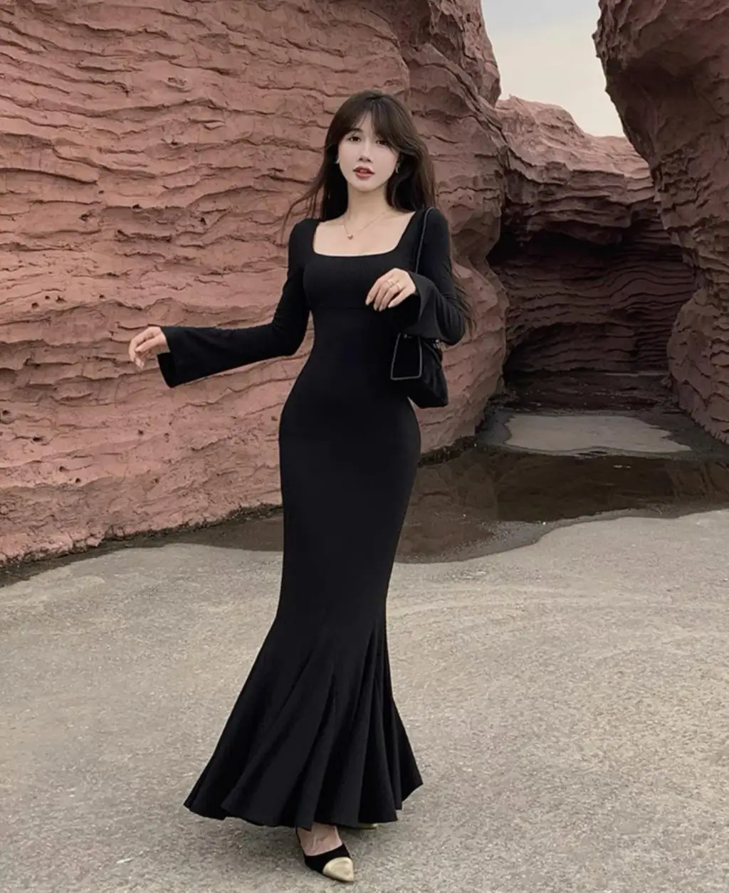 Vestidos largos de moda de otoño para mujer, mangas largas, cuello cuadrado, estilo coreano, corte entallado, sirena, elegantes, básicos, lisos, nuevos