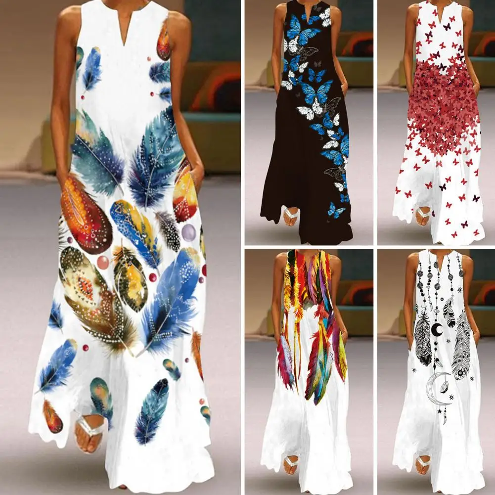 

Holiday Dress V-neck Summer Dress Summer Feather Print Casual Midi Dress