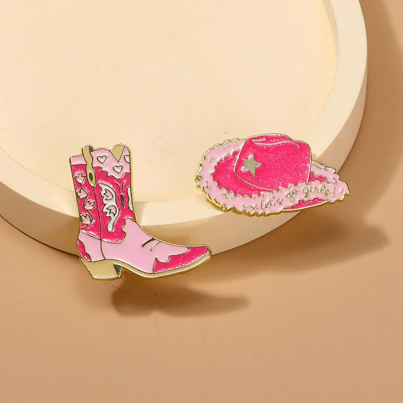 【Llife】BOTTON BROOCH Western Cowboy Cowgirl Hat Boot Brooch Pin Hot Pink Butterfly Love