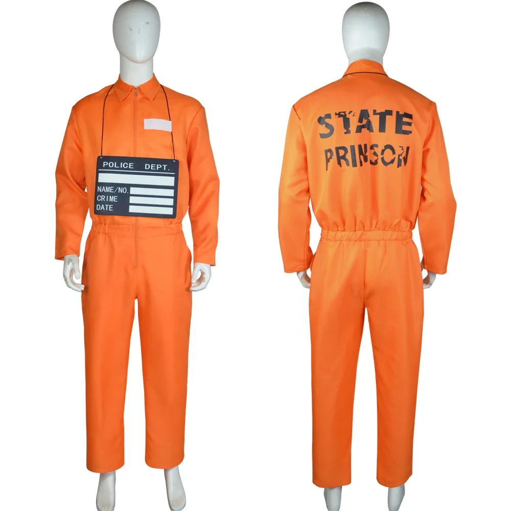Male Prison Cosplay Costume Long Sleeves Jumpsuit Bodysuit Inmate Orange Set Adult Convict Party Uniform Amusement Outfits
