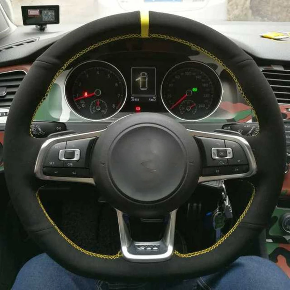 

Car Steering Wheel Cover Non-slip Black Genuine Leather Suede For Volkswagen Golf 7 MK7 GTI R VW Polo Scirocco 2015 2016