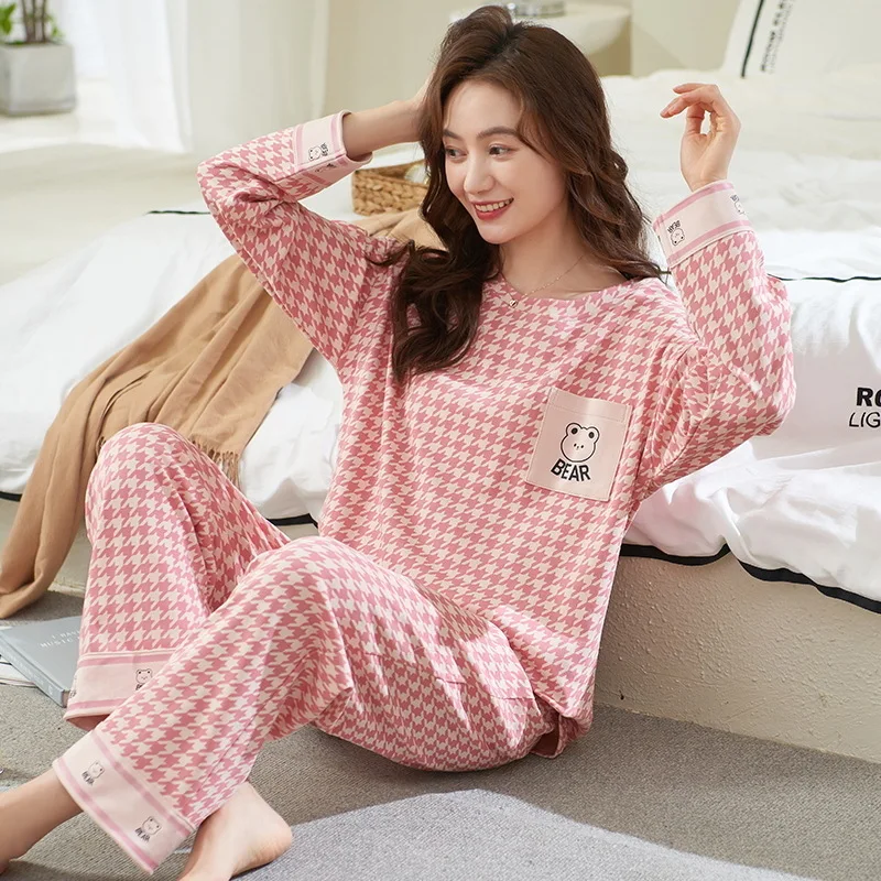 

Autumn Winter New Faux Cotton Women Pajamas Set Long Sleeves Pink Plaid Puppy Printing Sleepwear Casual Girls Pijama