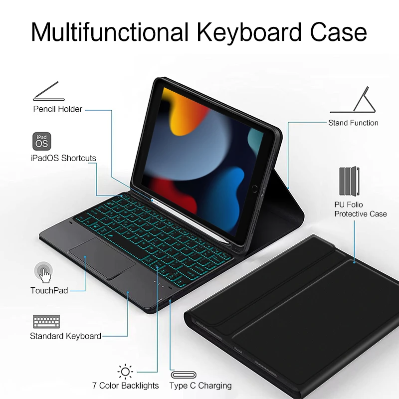 Touchpad Backlit Keyboard Case with Pencil Holder and Smart Cover