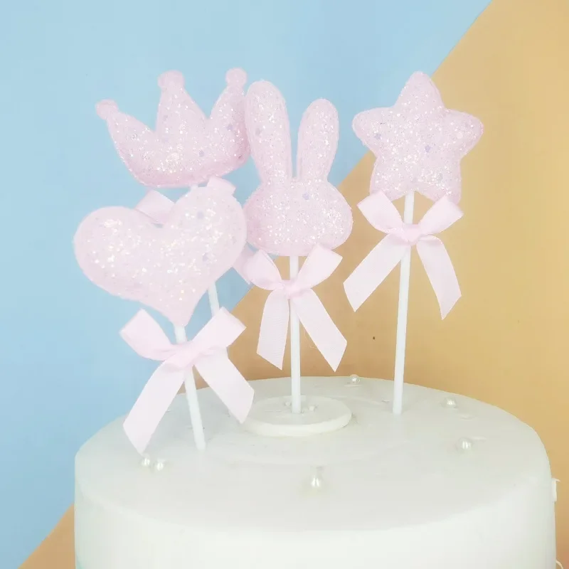 

5 Set Pink Sequin Star Cake Topper Crown Heart Wedding Cupcake Topper Cute Rabbit Ears Girl Baby Shower Cake Decorating Supplies